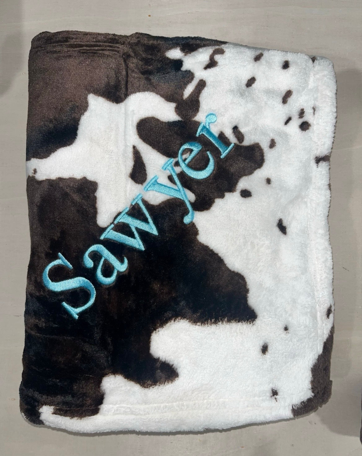 Cow print embroidered personalized blanket