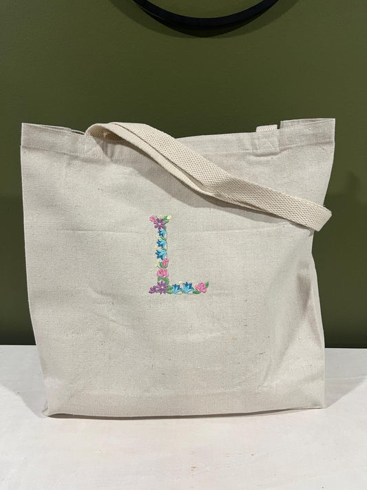 Floral initial canvas tote bag