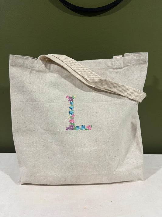 Floral Initial Canvas Tote Bag Bridal Gift, Embroidered Personalized, Birthday Gift, Grocery Bag, Custom Sack, Heavy Duty Tote