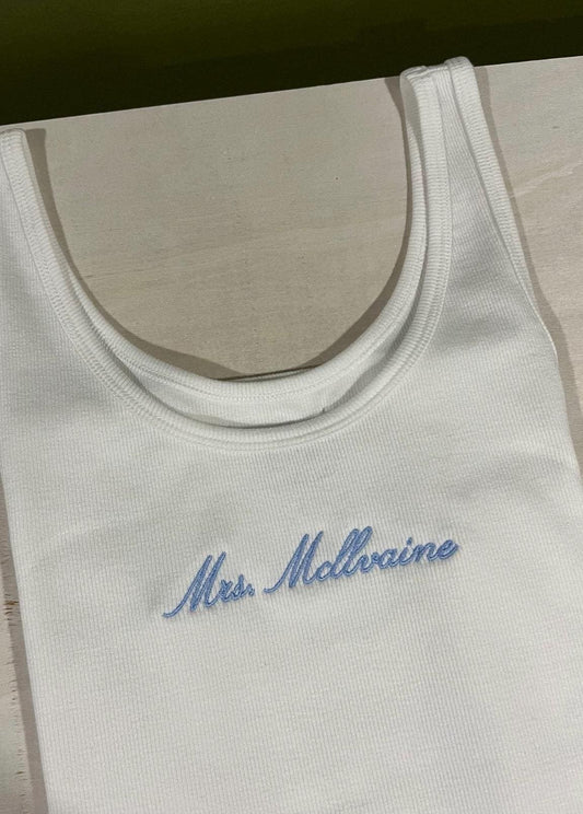 Bride tank top, Newlywed, Mrs, bachelorette, minimalist, white baby blue