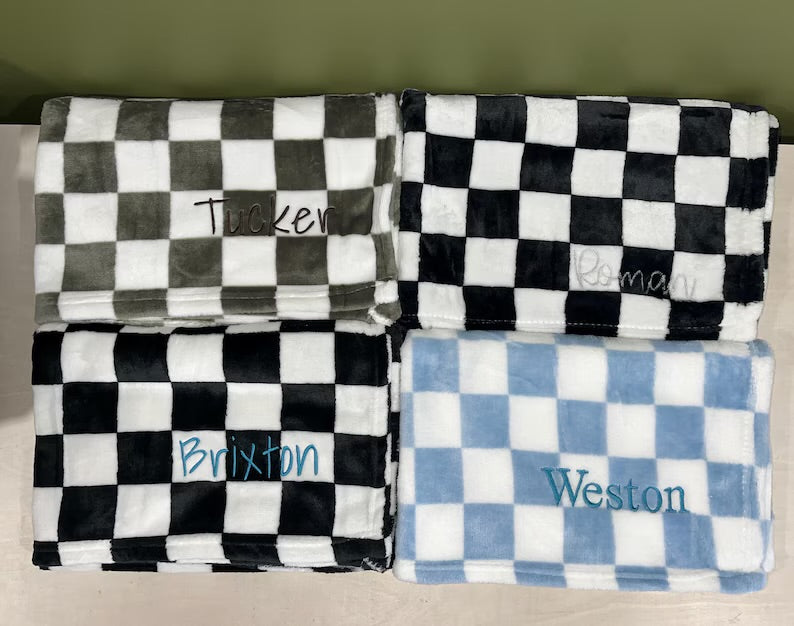 Checker baby blanket personalized embroidered