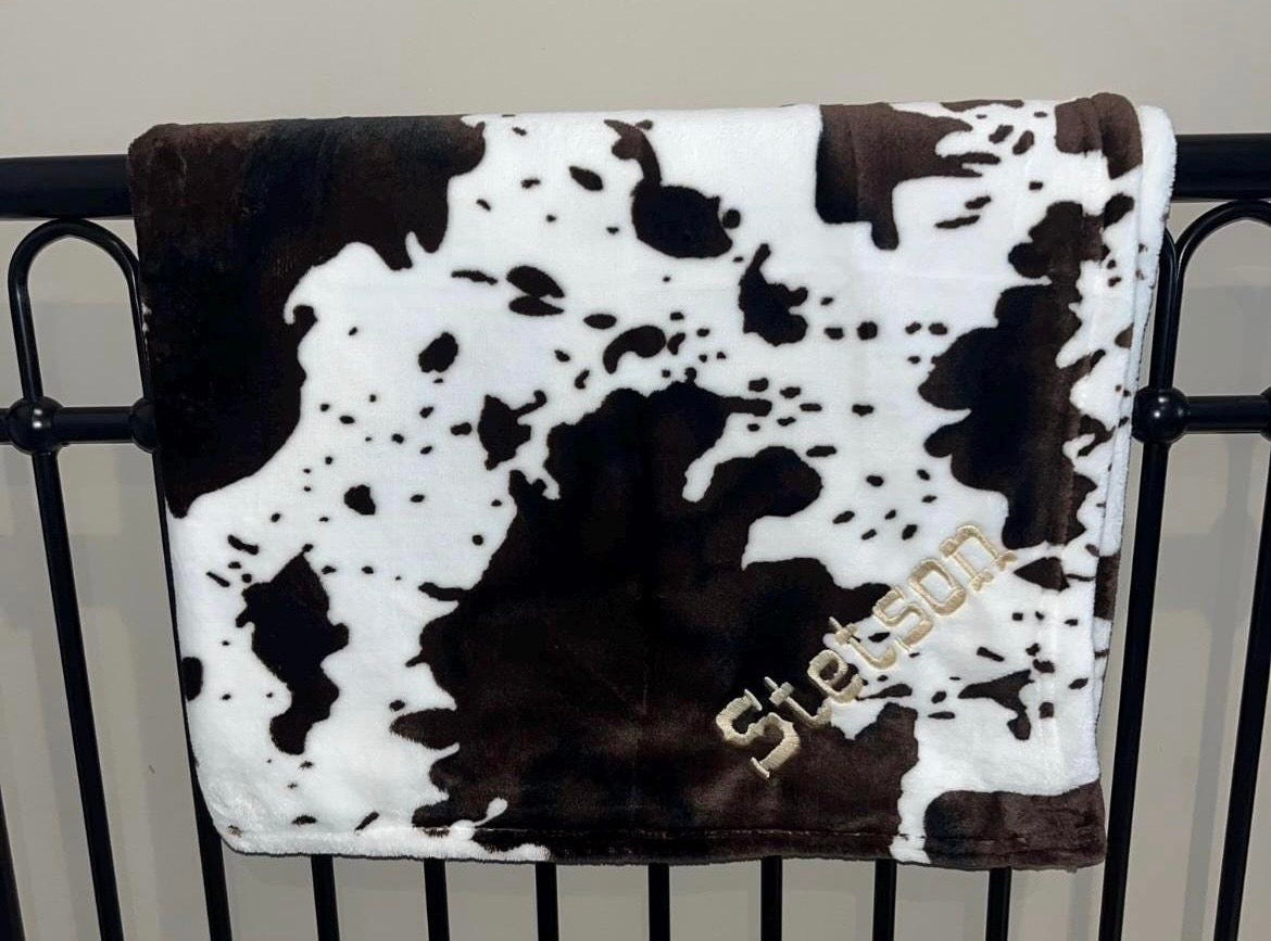 Cow print embroidered personalized blanket