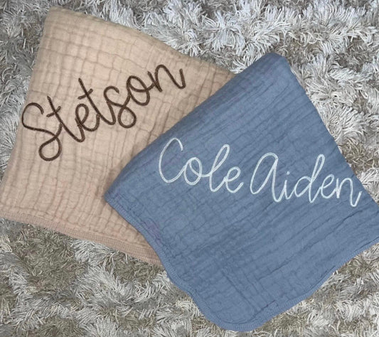 Muslin cotton embroidered personalized swaddle blanket