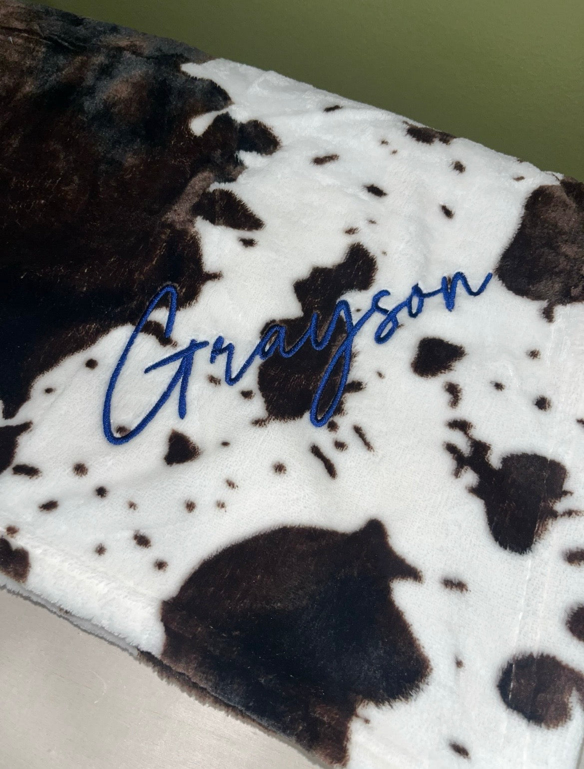 Cow print embroidered personalized blanket