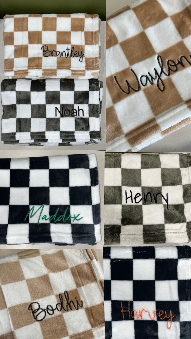 Checker baby blanket personalized embroidered