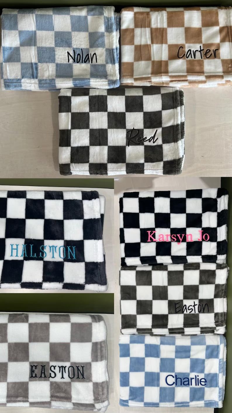 Checker baby blanket personalized embroidered