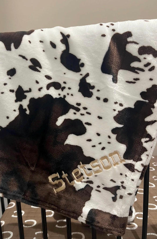 Cow print embroidered personalized blanket